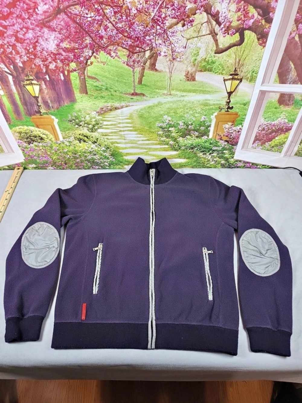 Vintage Prada Dark Purple Fleece Full Zip Jacket, Nylon Elbow Patches Women's XL